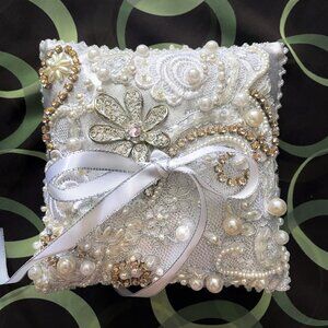 Bridal Wedding Ring Pillow with rhinestones, beads & lace. New, handwork